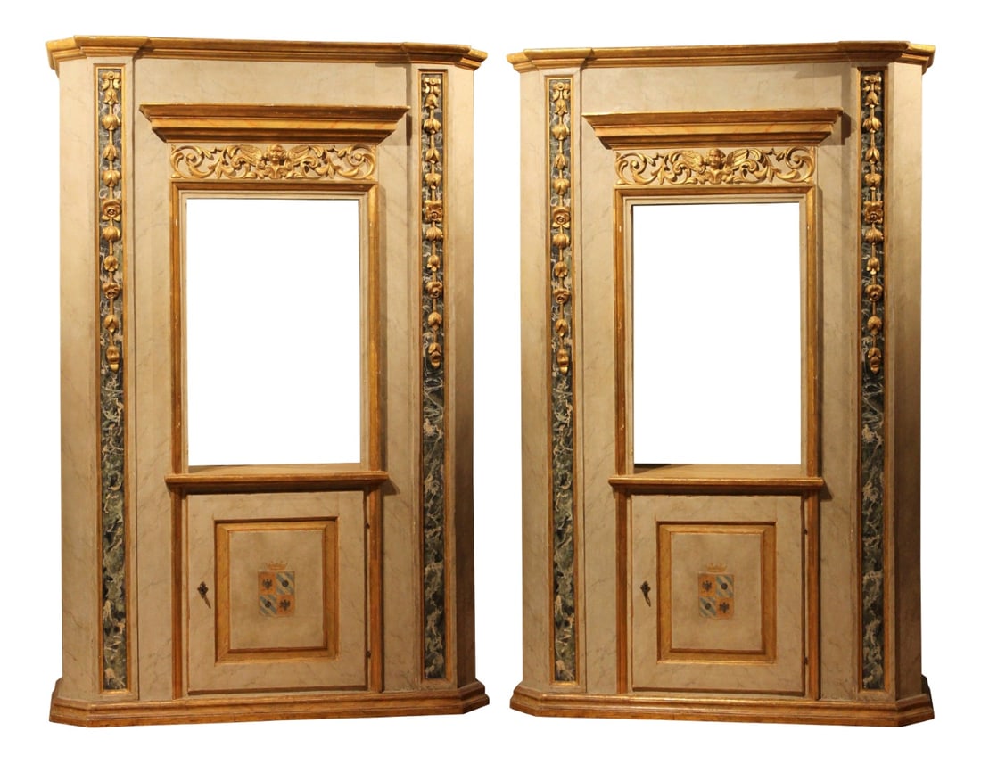 Faux Marble Lacquer and Giltwood Open Shelves, Set of 2: Crafted in Venice, Italy, during 19th Century, these elegant faux marble lacquer and parcel gilt display cabinets feature a gorgeous architectural shape with graduated giltwood cornice on top and a gr