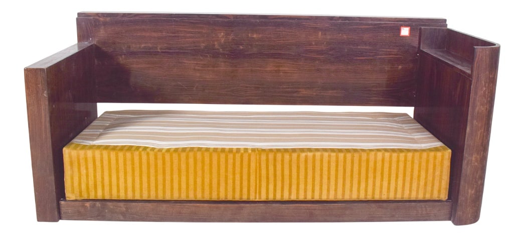 Art Deco French Macassar Veneered Sofa Bed, 1920: This French sofa bed, crafted in the Art Deco period, beautifully combines functionality with refined design. Made with exquisite Macassar veneer, the piece showcases the striking contrast and