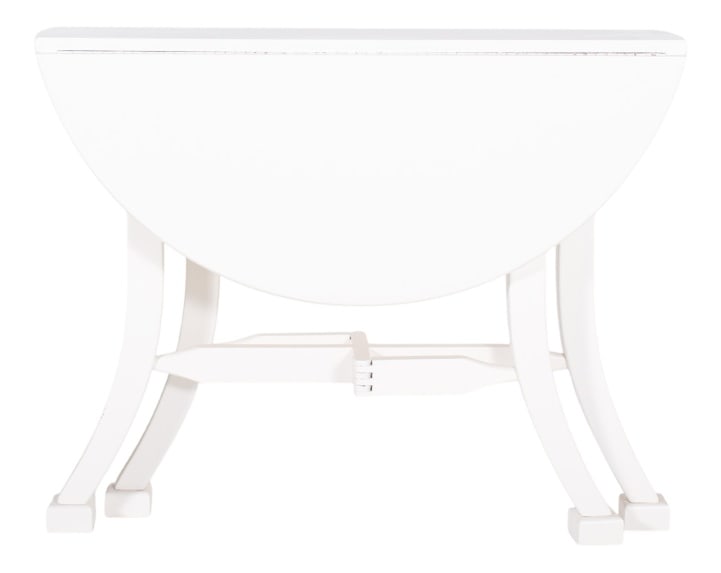 Portuguese White Painted Flap Table, 1920s: Flap table painted white. The two hinged flaps can be lifted to adapt the size of the surface as required, leaving a round table once opened. It rests on four elegant arched legs, ending in square
