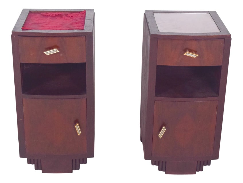 Vintage Portuguese Deco Bedside Tables, 1920, Set of 2: Pair of Deco-style bedside tables. with firm geometric lines and symmetrical details, each piece has a well-defined vertical composition, with a bevelled top drawer, an open niche in the centre and a