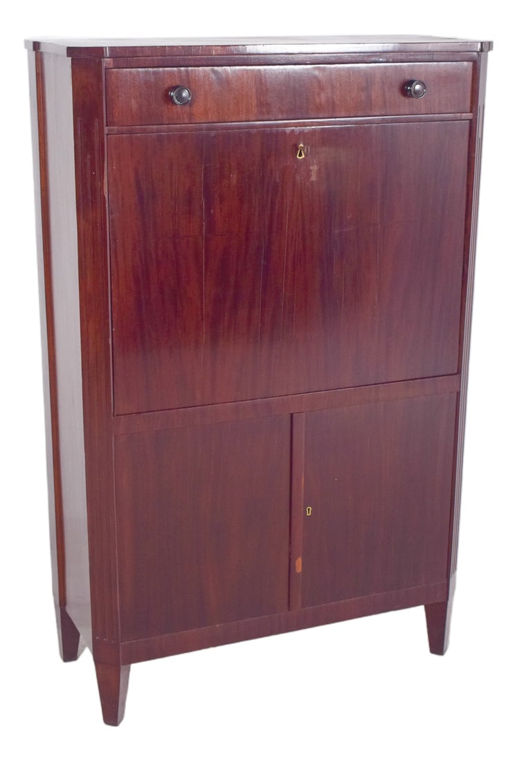 Portuguese Abattant Desk, 1890s: Abattant" desk. It has an austere, Biedermeier-inspired aesthetic, made from dark wood with a polished finish and a vertical structure, comprising a lower body with doors, a folding writing top and