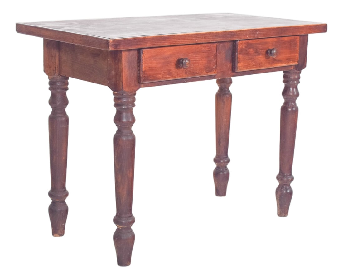 Portuguese Rustic Pine Kitchen Dining Table, 1950: Pine kitchen table. With a flat rectangular top, simple edges and a sturdy structure, it is made up of four turned legs with profile shafts alternating between cylindrical and conical segments, fixed
