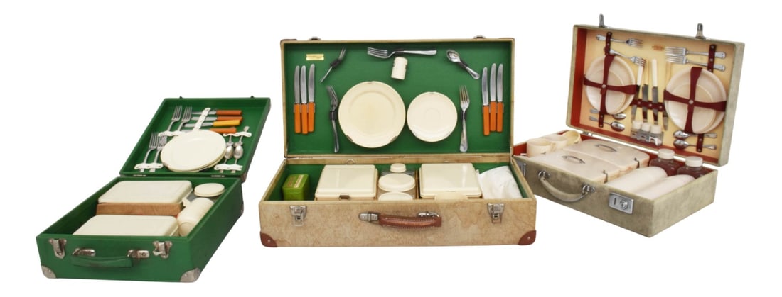 Picnic Set from Sirram UK AHA Switzerland, Set of 3: Picnic travel set- Green suitcase set for 4 people: 33 x 12.5 x HT 35 cm - Pearl gray suitcase set for 4 people: 49 x 15 x HT 34 cm - Beige suitcase set for 6 people: 60 x 15 x HT 31 cm1960s Country