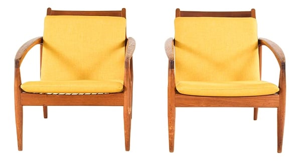 Set of Paper Knife Armchair by Kristiansen for Olesen: This pair of paper knife chairs designed by Kai Kristiansen Is very popular. Manufactured in 1960s by Magnus Olesen in Denmark. The frame is made of solid teak. It was named paper knife because of the