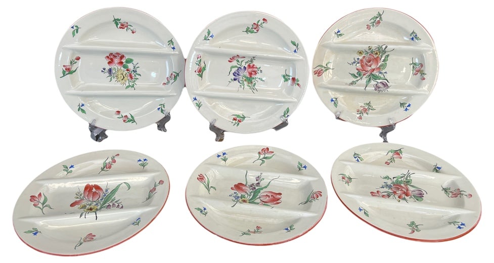 Asparagus Plates in Luneville Earthenware, Set of 6: Set of 6 asparagus plates in Luneville Faienceville Strasbourg decor. Each plate is decorated with a different floral bouquet in the center.The plates are in good condition, one of the plates is more