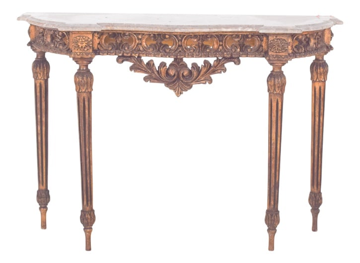 Portuguese Gilded Carving Side Table with Marble Top: Gilt carved credence with marble top. with a semicircular structure, it has a marble top with cut-outs and a structure richly decorated with plant motifs, acanthus and flowers in relief. The front