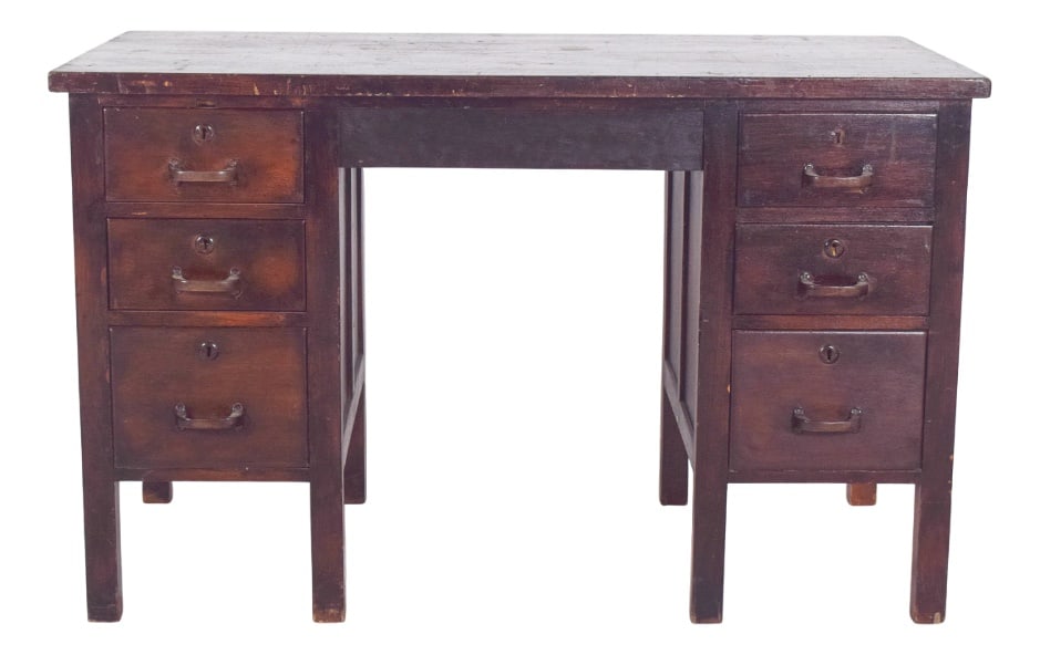 Mid-Century Portuguese Desk from Olaio, 1950: Portuguese desk from the first half of the 20th century. In dark wood, with a symmetrical and functional structure, typical of 20th century office furniture. It has two side columns, each with four