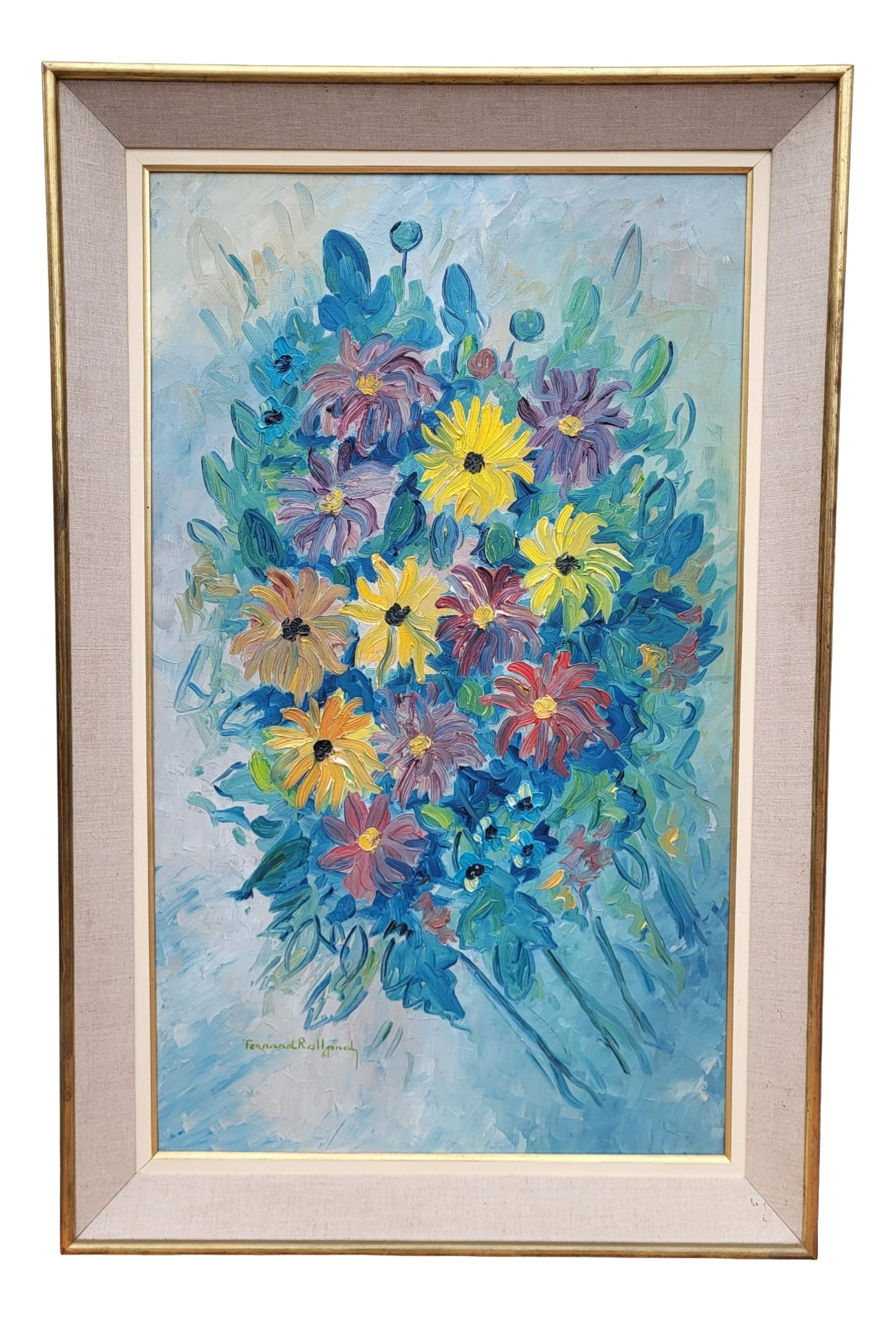 Fernand Rolland, Bouquet of Dahlias, 1961, Oil, Framed: Painting "The Dahlias" Bouquet, F. Rolland (1920-2004)Oil on canvas, signed and dated lower left. Canvas dimensions: 92 x 55 cm. Framed dimensions: 106.5 x 69.5 cm.F. Rolland lived at the