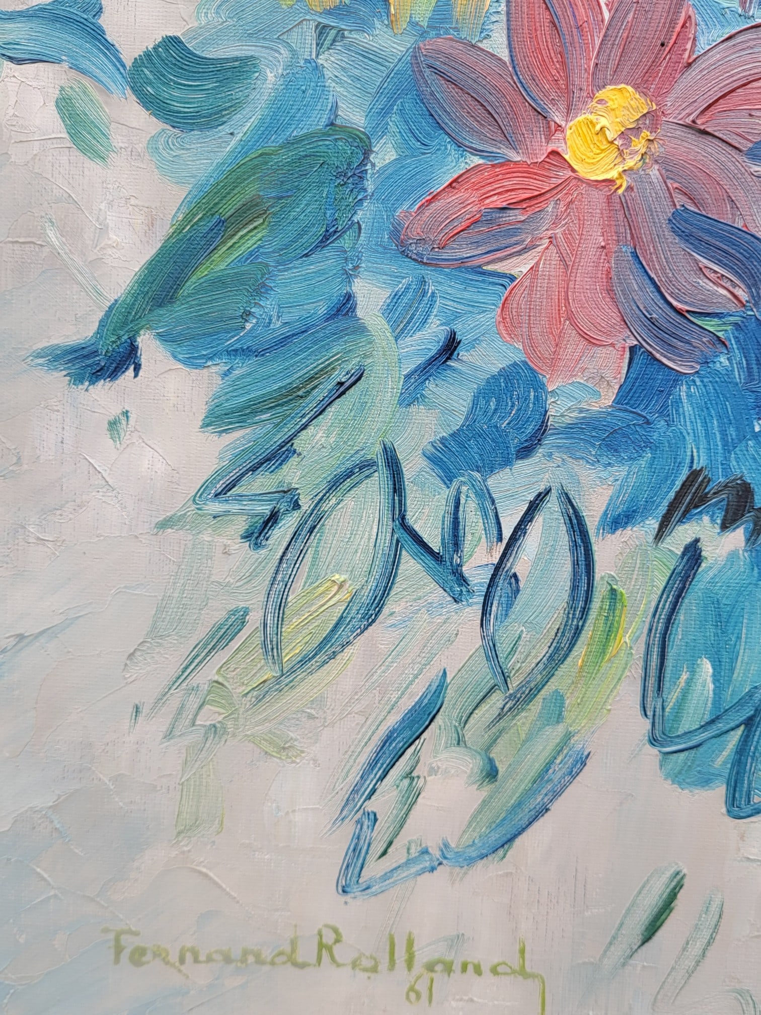 Fernand Rolland, Bouquet of Dahlias, 1961, Oil, Framed - 5