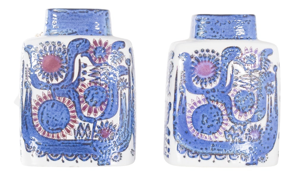 Pottery Tenera Vases from Royal Copenhagen, Set of 2: Pair of Danish pottery vases, Royal Copenhagen Tenera. Rectangular in shape with rounded corners, with a bright white background and bodies decorated with reliefs painted in bright shades of blue,