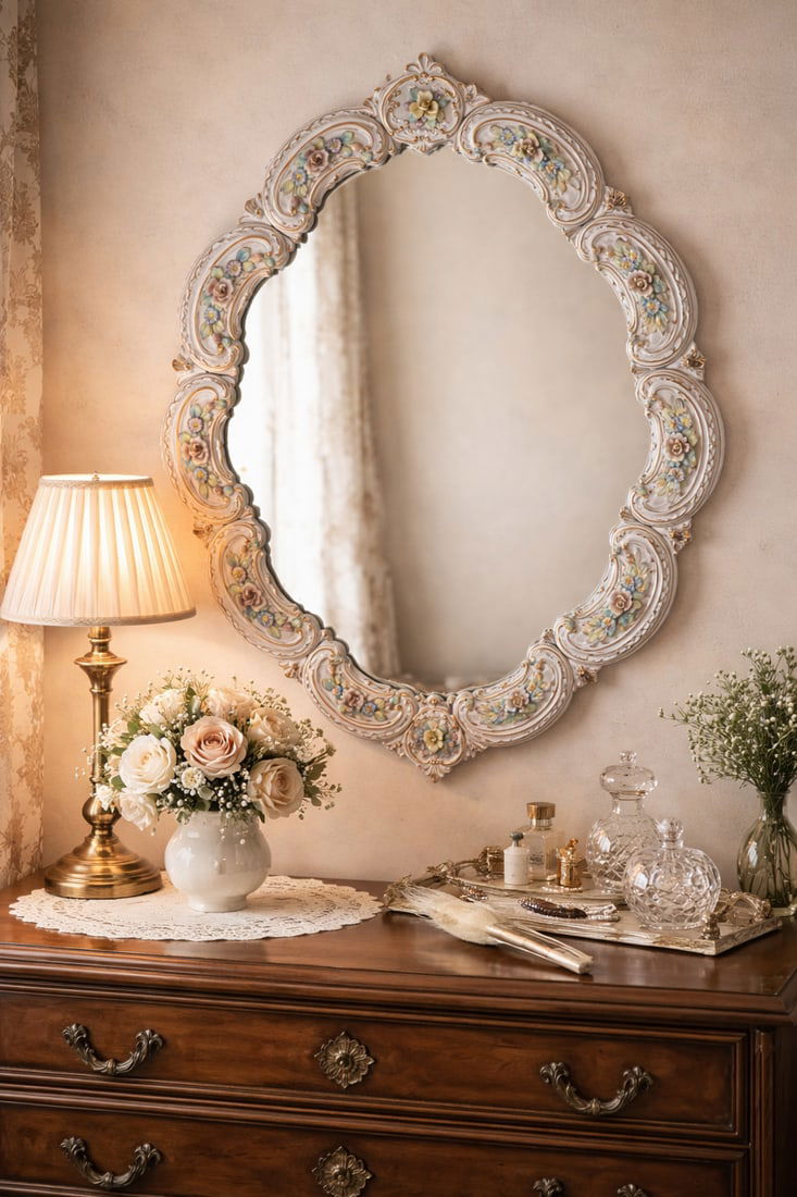 Porcelain Mirror with Polychrome Floral Relief, 1960s - 2