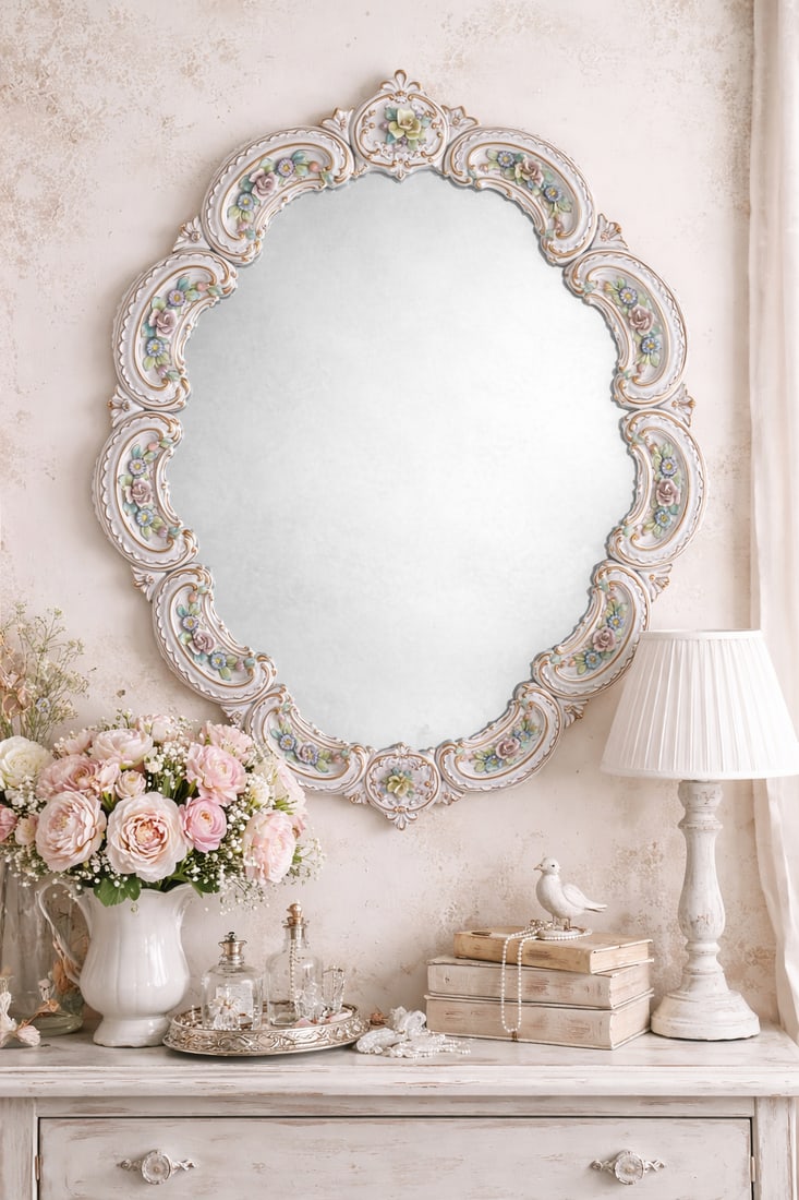 Porcelain Mirror with Polychrome Floral Relief, 1960s - 5