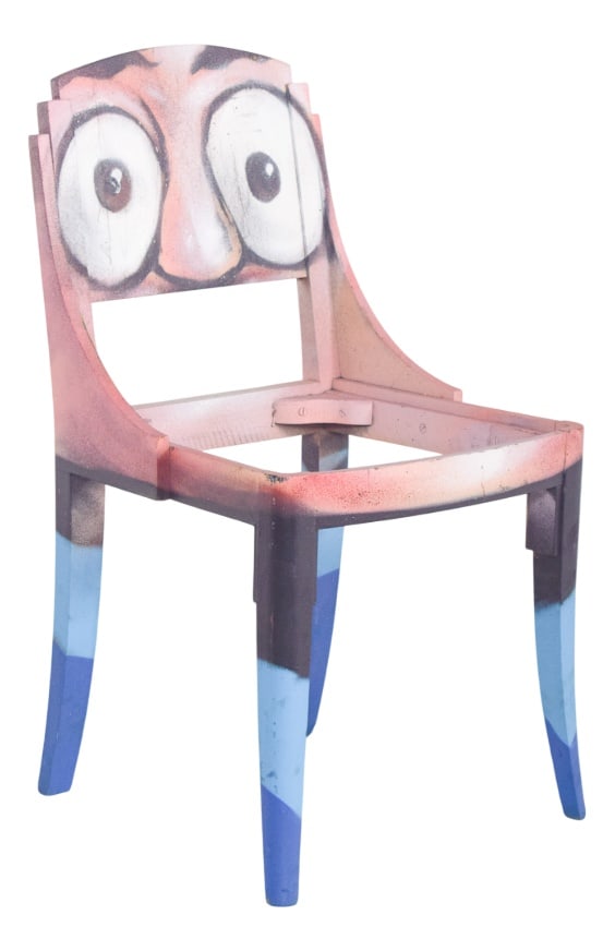 Portuguese Urban Art Chair by Francisco Camilo, 1950s: Painted dining chair. Reinterpreted with contemporary artistic intervention, transforming a functional object into a piece of urban art. The backrest, with its curved and elegant lines, features a