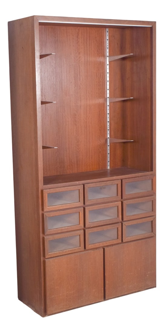 Shelves with Doors and Glazed Drawers, 1950s, Set of 2: Two shelves with glazed doors and drawers. They have a tall rectangular structure, with an upper niche fitted with metal slats for adjustable placement of shelves (currently absent). The centre is