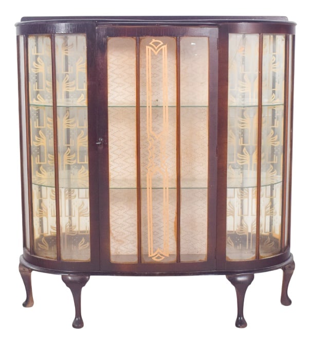 Portuguese Glass Front Display Cabinet, 1890s: Display cabinet with curved legs. It stands out for its curved shape and elegant glass doors that reveal a carefully designed interior. The dark wooden structure contrasts harmoniously with the