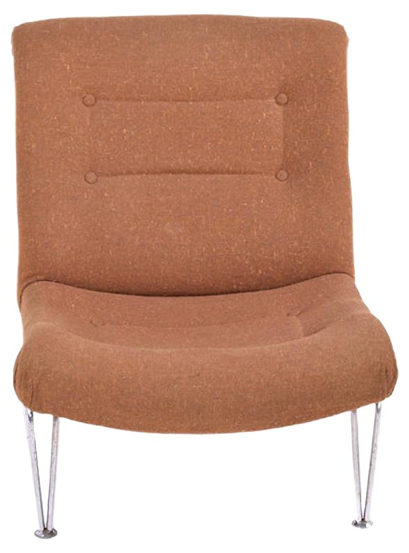 Swedish Easy Chair, 1950s: This Swedish chromed metal chair is upholstered in brown nordic fabric. Country of Manufacture: Sweden Design Period: 1950 to 1959 Production Period: 1950 to 1959 Restoration and Damage Details: