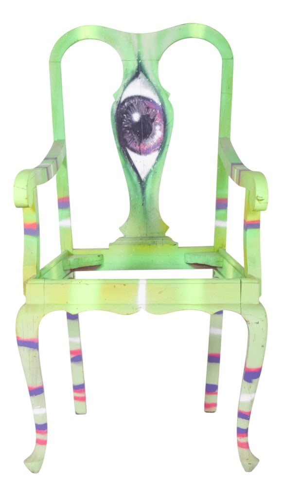 Portuguese Painted Armchair by Francisco Camilo, 1950s: Painted armchair. Transformed by contemporary artistic intervention. The piece, inspired by classicism with a cut-out backrest and cabriolet legs, was entirely painted in vibrant shades of