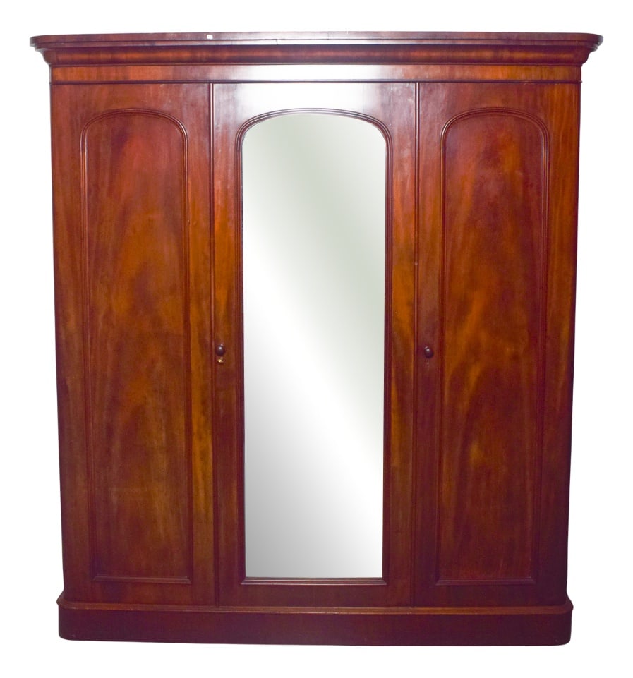 Antique English Three-Door Wardrobe with Mirror, 1910: This elegant English wardrobe, crafted in the Romantic style, is a piece of excellent quality and thoughtful design. It features three doors, the central one fitted with a full-length mirror, adding b