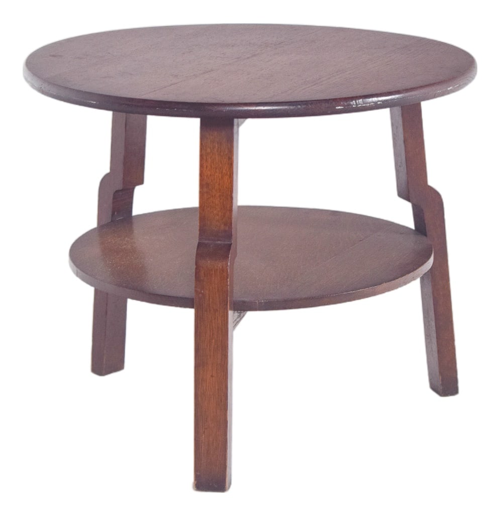 Portuguese Rustic Round Oak Coffee Table, 1950: Round side table in oak. with two circular surfaces, an upper top with a gently curved edge and a lower shelf in a centralised position, connected by four straight legs with a slight recess in the tra