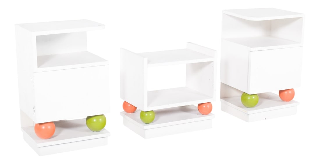Portuguese Bedside Tables and Bench, 1920s, Set of 3: Set of two bedside tables and a bench. In white painted wood, their striking feature is the base resting on coloured balls, green and orange, which give them an original and relaxed look. The bedside