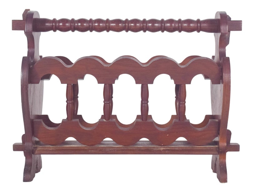 Antique Rustic Oak Magazine Rack, 1890s: Wooden magazine rack, with turned details. It has four external columns turned in a spiral, with simpler vertical rods delimiting the internal compartments, designed to store magazines, newspapers or
