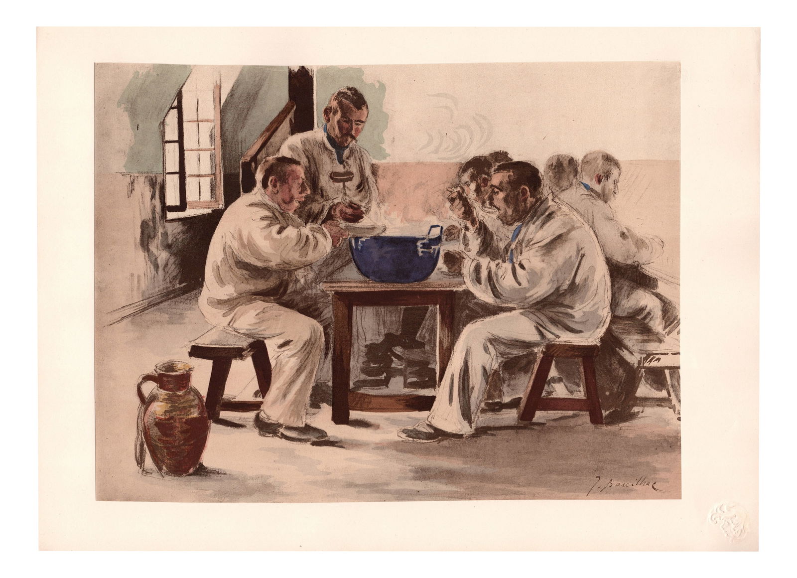 J. Baseilhac, La Soupe à la Chambrée, 1898, Lithograph: Jacques Baseilhac (1873 - 1903)La Soupe à la Chambrée (Soup in the Barracks)Original Lithograph from the glorious portfolio "L'Estampe Moderne", issue #17 (September 1898). On wove