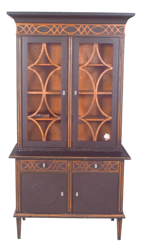 Danish Rustic Painted Cabinet with Gilt Accents: This rustic painted cupboard is a charming piece, likely Danish and dating from the mid-20th century. Its structure combines functionality with decorative appeal, featuring a two-part design: an upper
