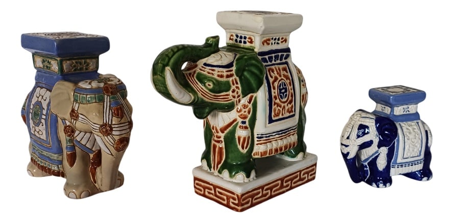 Vintage Garden Plant Stand in Ceramic, 1960, Set of 3: Vintage Elephant Shaped Ceramic Garden Stool or Plant Stand dimensions:Hell blue and ivory.... H-22cm, W-22cm, D-10cmDark blue and white.... H-14cm, W-15cm ,D-7cmGreen.... H-25cm, W-27cm, D-10cm