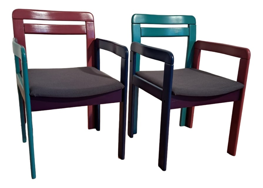 Set of Vintage Dining Chairs, 1980s: A stunning pair with multicolored chairs and table from the wild decade 1980s. The legs and the back are coated with different colours and the seat is newly covered with grey fabric. A pair with