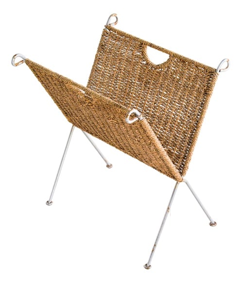 Paper and Metal Folding Magazine Rack, 1960s: This magazine rack is made of a very resistant iron frame and a braided paper cord body. Suitable for magazines, books, newspapers and vinyl records. It's easily folded that making it a versatile