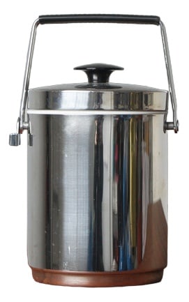 Mid-Century German Ice Bucket from Alfi: The classic ice container. It is made of stainless steel. Inside there is a removable plastic insert. Capacity is 0,75 l. Keeps the ice cubes ready for use for 24 - 48 hours! Country of Manufacture: G