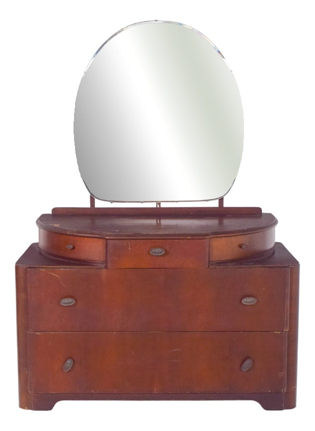 Vintage Art Deco Walnut Dressing Table, 1920s: Art Deco walnut dressing table. with an imposing circular mirror resting on a discreet moulded structure, it reinforces the modernist elegance of the whole. The top has a curved cut-out that embraces