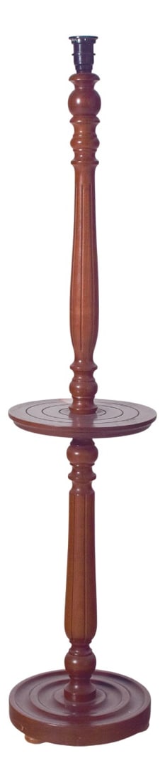 Danish Wooden Floor Lamp with Integrated Table, 1950: This Danish wooden floor lamp from the 1950s exemplifies the functionality and elegance of Scandinavian mid-century design. Crafted from richly toned wood, it features a turned column with refined