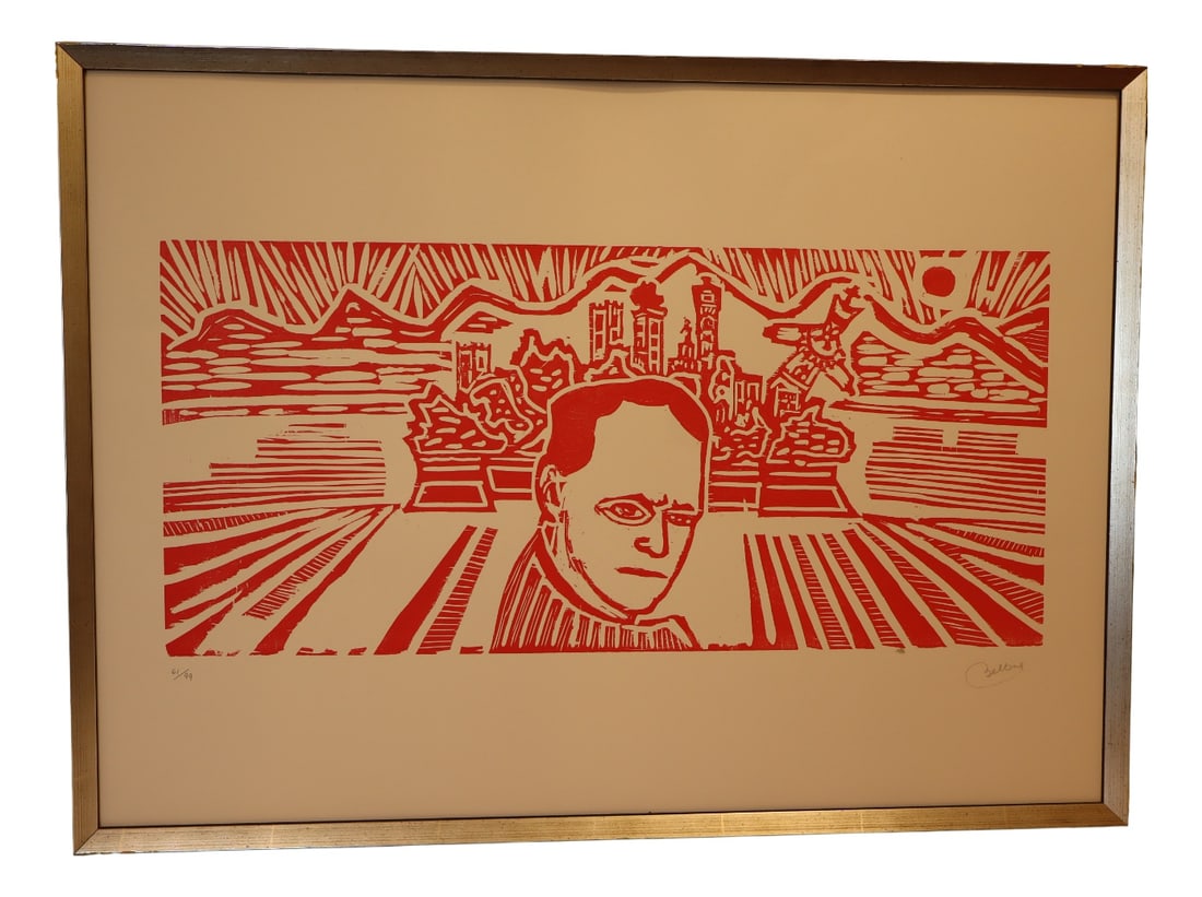 Bellora, Luccan Figure, 1970s, Lithograph, Framed: Red monochrome lithograph on ivory paper, 50x70 cm. Print 61/99. Elio Bellora, an artist from Lucca, worked in the 1970s on a series of allegorical portraits depicting important Italian and, more