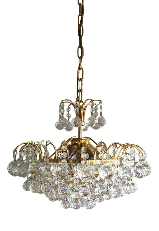 Crystal Glass Ceiling Lamp from Christoph Palme: The brass and crystal glass Christoph Palme chandelier is well known for its hand-cut crystals and original design. In this highly decorative piece, the modernist brass frame is elegantly decorated wi