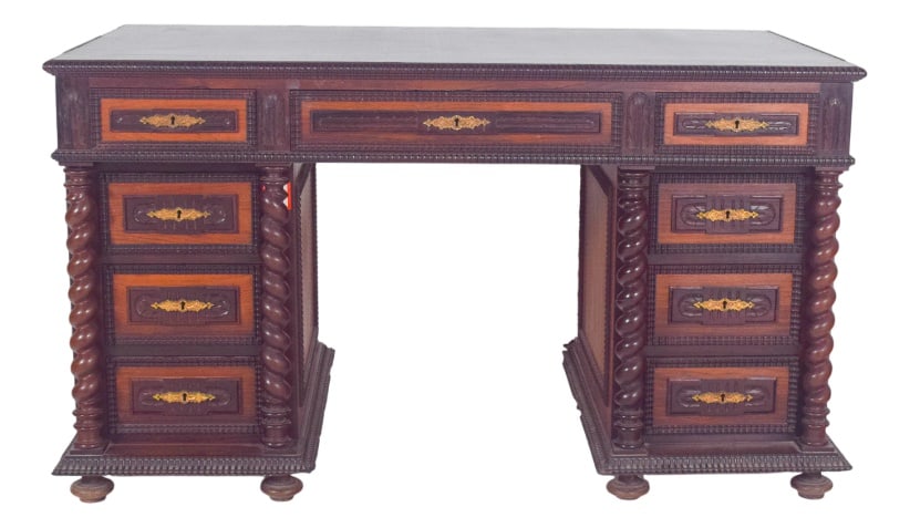 Antique Portuguese Twisted and Shaken Desk: Twisted and shaken desk, 18th century, in rosewood. with spiral-turned columns that frame the side drawers, giving the whole an imposing feel and movement. The carved frames that run along the edges