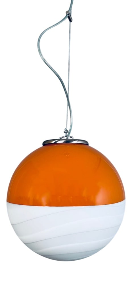 Glass Premium Pendant Light from Mariana Iskra, 1980s: Fantastic chandelier dated back 80 of Mariana Iskra Premium collection. Edition 80s 1/3. This chandelier is in perfect condition. Lamp holder E27. Produce in opal wave decor and then lacquered in oran