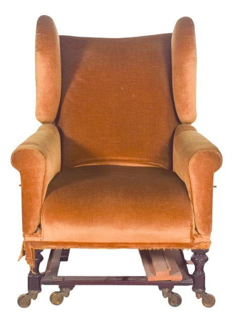 Antique English Articulated Armchair, 1890s: Hinged ear armchair. A unique armchair, both for its functionality and its classic design. Covered in golden velvet, the upholstery conveys a feeling of comfort and beauty. The rounded shapes of the