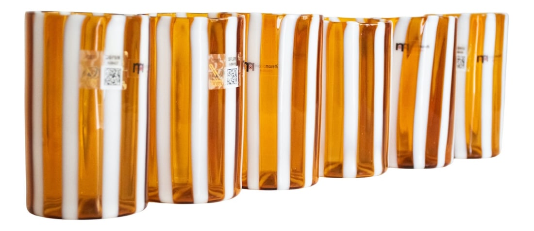 Glasses by Iskra for Ribes Studio, Set of 6: Italian Tequila Glasses by Mariana Iskra for Ribes Studio, Set of 6The harmony of the reeds spaced regularly by expert and precise hands like a Renaissance master. The expert cut of the rim of the