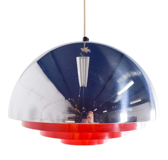 Milieu Pendent Light by Fog & Morup, 1970: “Milieu” pendant light consists of a half globe made of chromium plated brillant with red metal louvre. with glossy outer coating and a matt white inside. Designed by Jo Hammerborg for