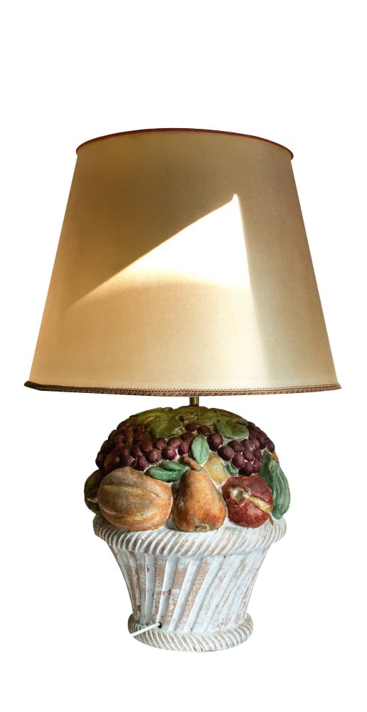 Italian Como Lamp in Porcelain, 1970s: Fabulous and imposing porcelain dresser lamp with original cloth lampshade. Country of Manufacture: Italy Design Period: 1970 to 1979 Production Period: Unknown Detailed Condition: Excellent —