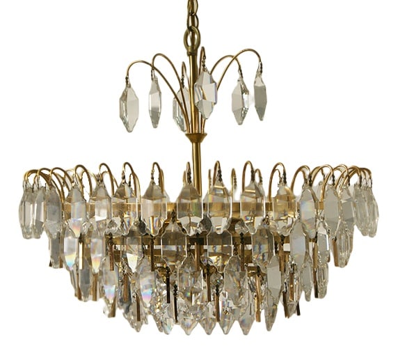 Large Crystal Glass Ceiling Lamp from Palwa: This beautiful brass and crystal glass ceiling light manufactured by Palwa impresses with a distinctive look that instantly enhances any room.The design consists of six levels of cascading suspended e