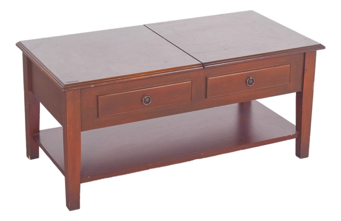 Rectangular Coffee Table with Hinged Top, 1950s: Coffee table, with hinged top. with a robust rectangular structure and a simple but elegant finish, the top is divided into two hinged lids that open to reveal an internal compartment divided into squ