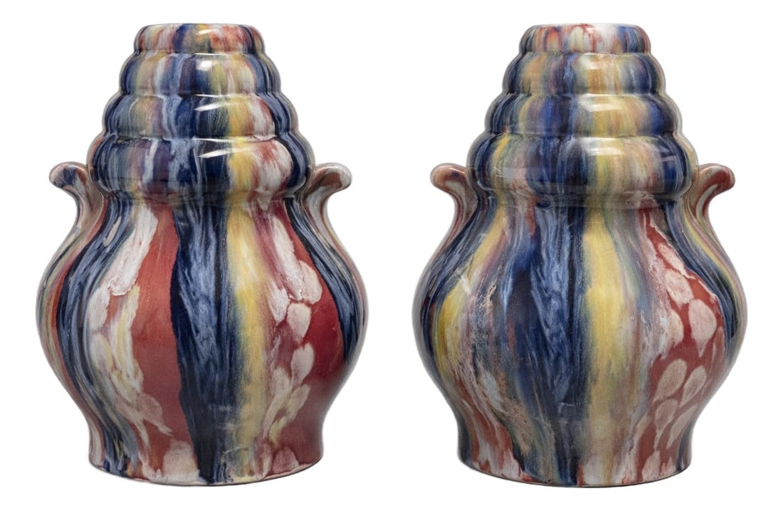 Glazed Ceramic Vases from Elgé, France, 1950, Set of 2: This pair of ceramic vases by Elgé powerfully illustrates the expressive and colorful aesthetic of mid-20th-century French art ceramics.Their sculptural, balanced, and organic silhouette is enhan