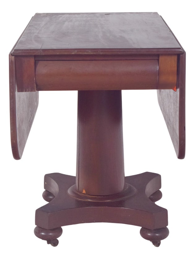 English Flip Flap Sofa Table: Flap table with central foot. The base is cross shaped with softly spherical wooden castors complementing the design with stability and light mobility. The folding side flaps make the top adaptable