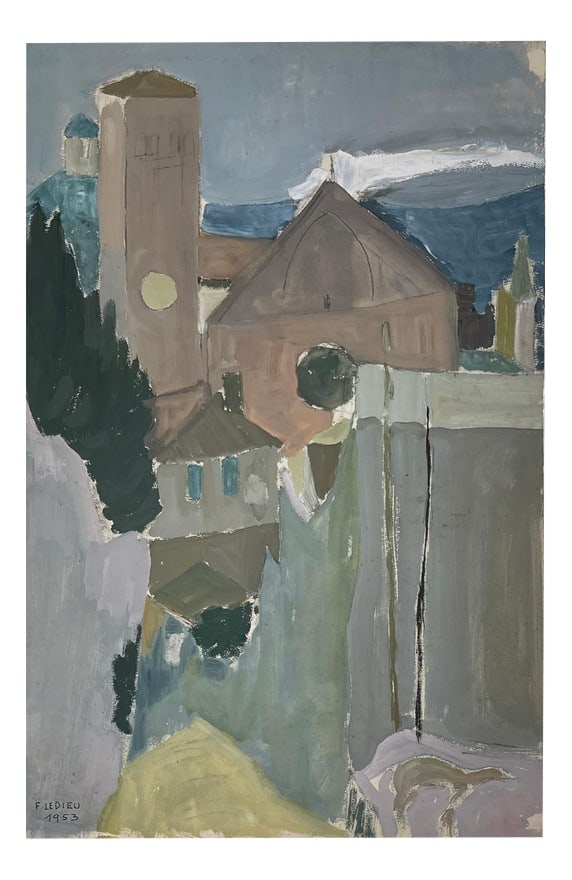 Francine Ledieu, Une Rue d’Assise, 1953, Gouache: Gouache on paper Francine Ledieu is French artist born in 1931 who lives and works in Paris, France. In the 50s, she was a student of Maurice Rocher who specialized in Sacred art. In the ’80s,
