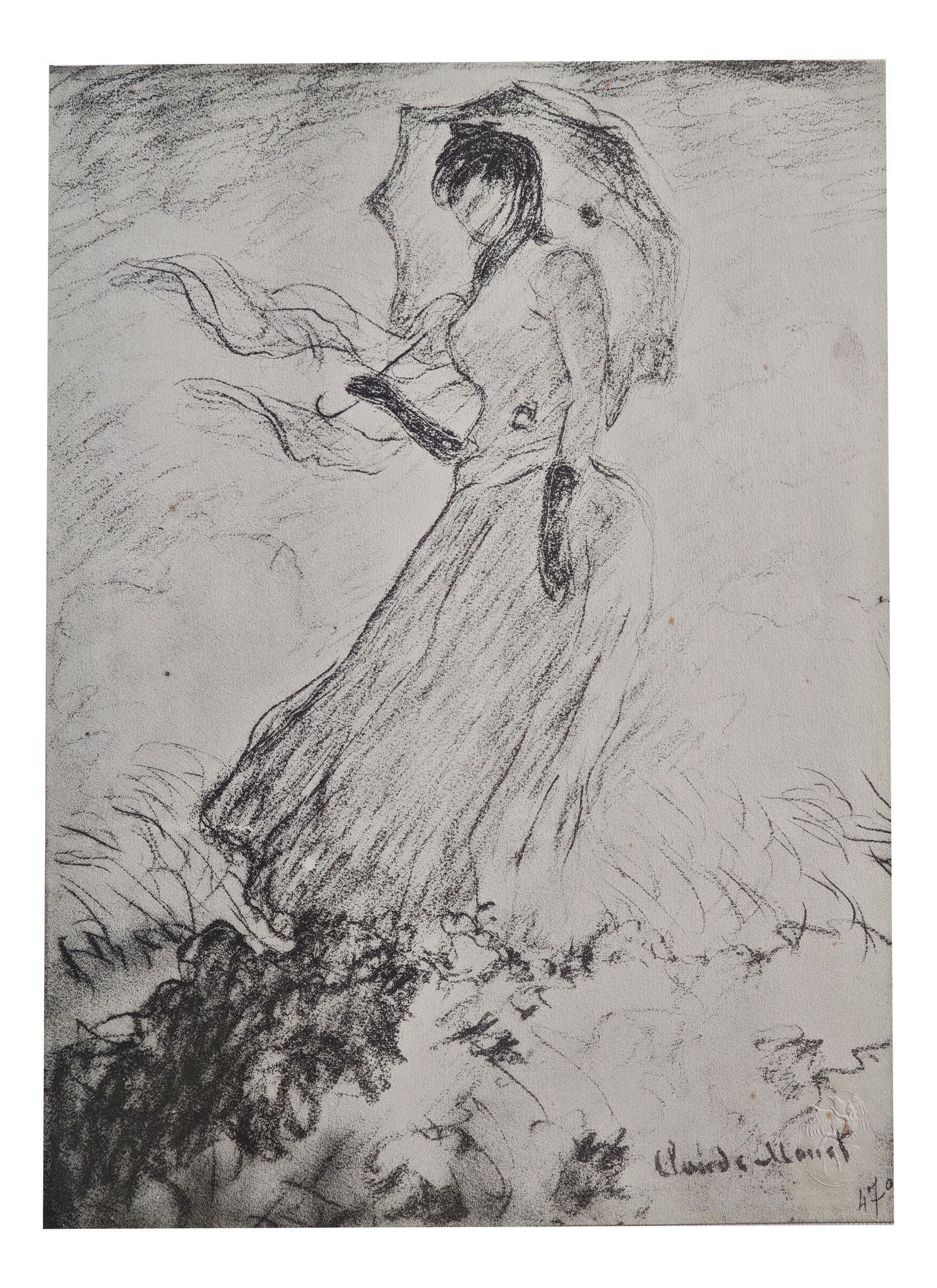 After Claude Monet, Lady with Parasol, 1918, Lithograph: Lithograph after Claude Monet from "Die Skizzenmappe - Zeichnungen französischer Meister des neunzehnten Jahrhunderts" portfolio with text by Julius Elias, published by Marees-Gesellschaft in Mun