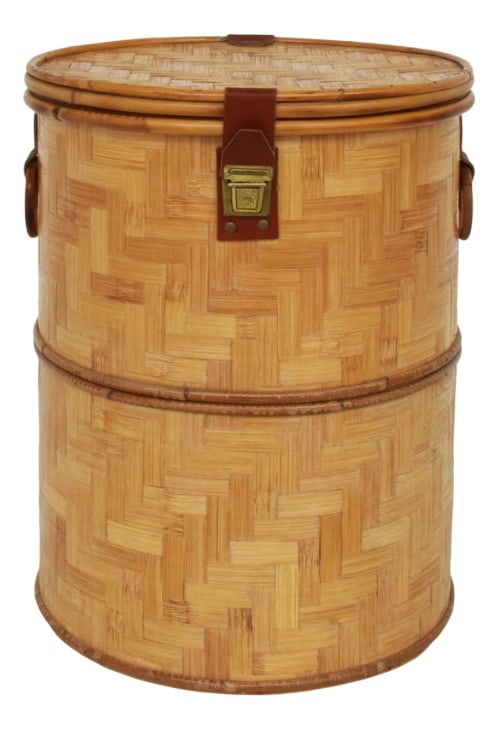 Italian Closed Rattan Basket with Leather Details, 1973: Country of Manufacture: Italy Design Period: 1970 to 1979 Production Period: 1970 to 1979 Detailed Condition: Excellent — This vintage/antique piece is in near original condition. It may show