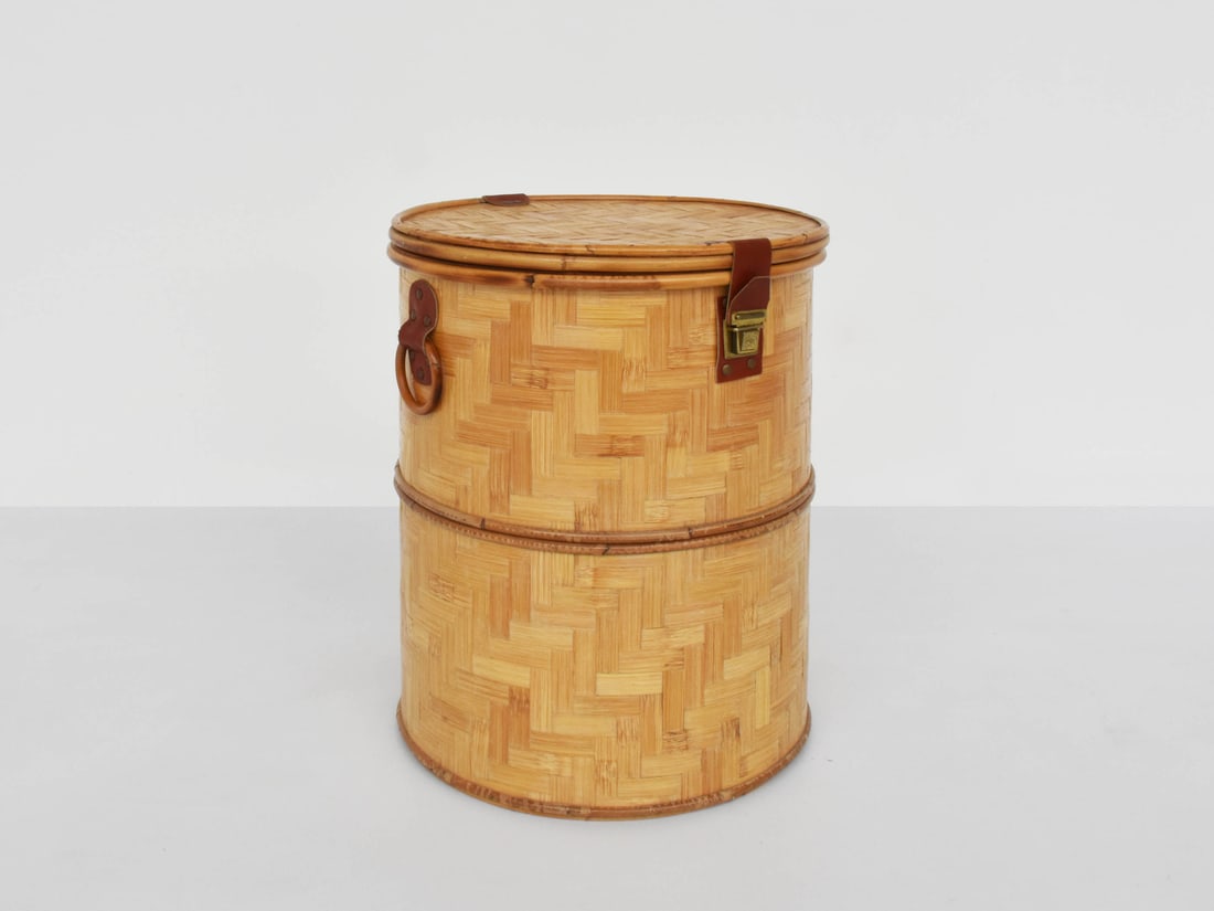 Italian Closed Rattan Basket with Leather Details, 1973 - 2