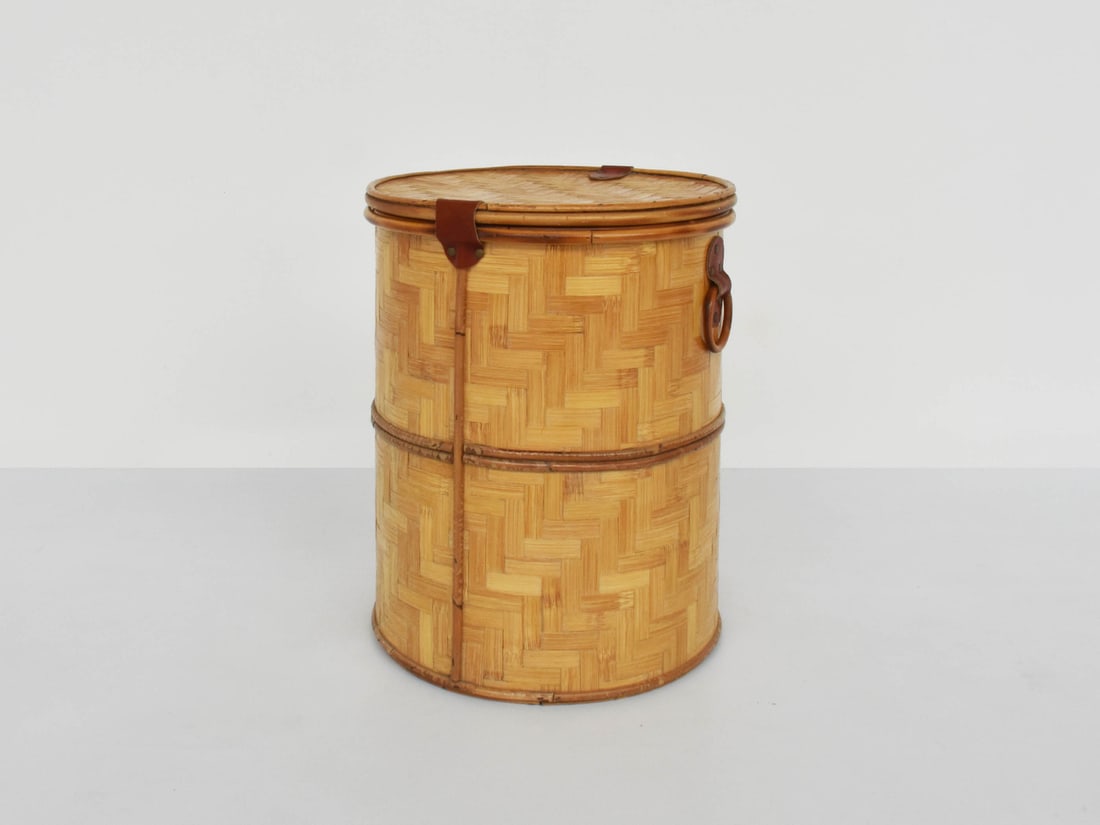 Italian Closed Rattan Basket with Leather Details, 1973 - 3